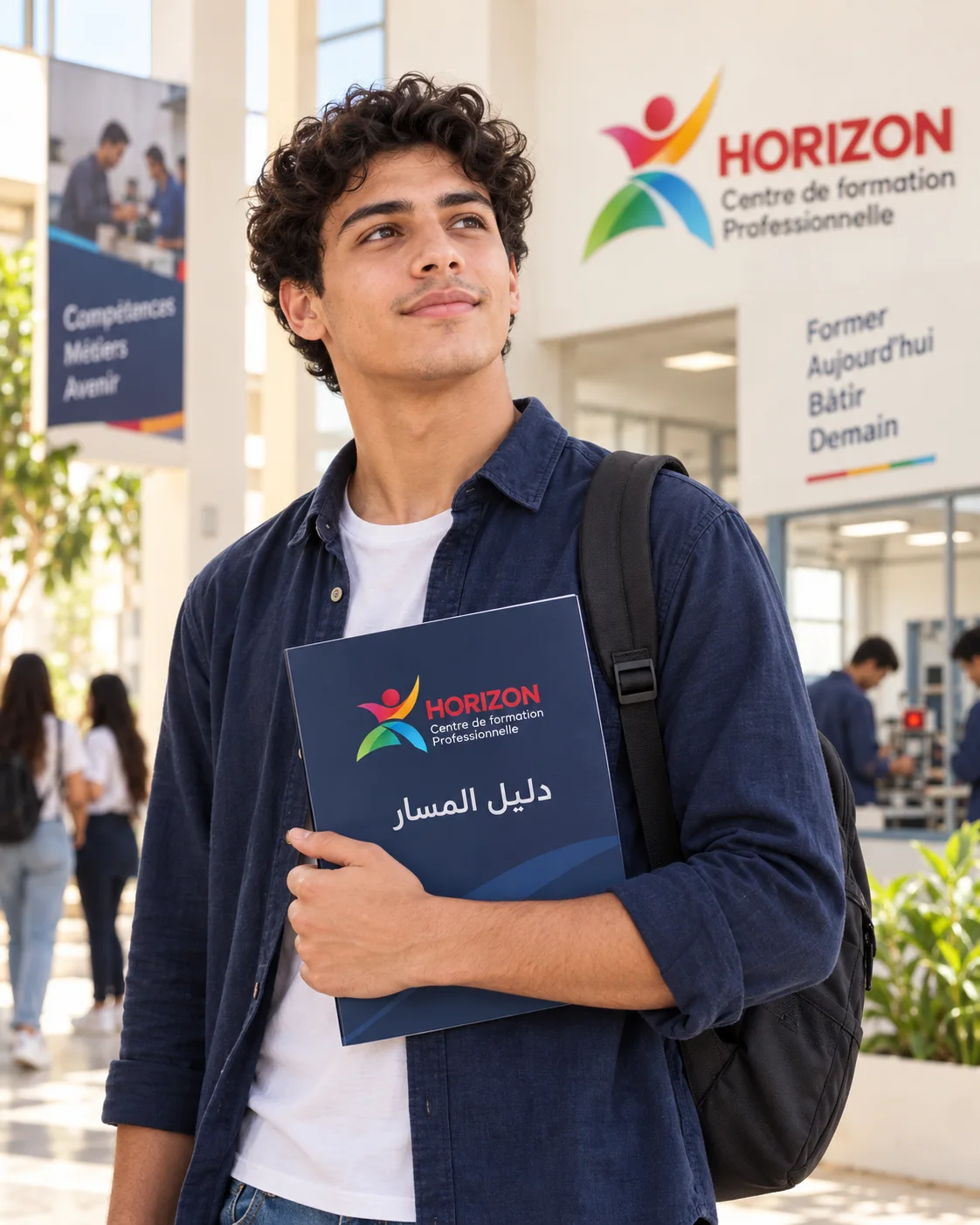 Un jeune apprenant tient le guide de parcours L’Horizon
